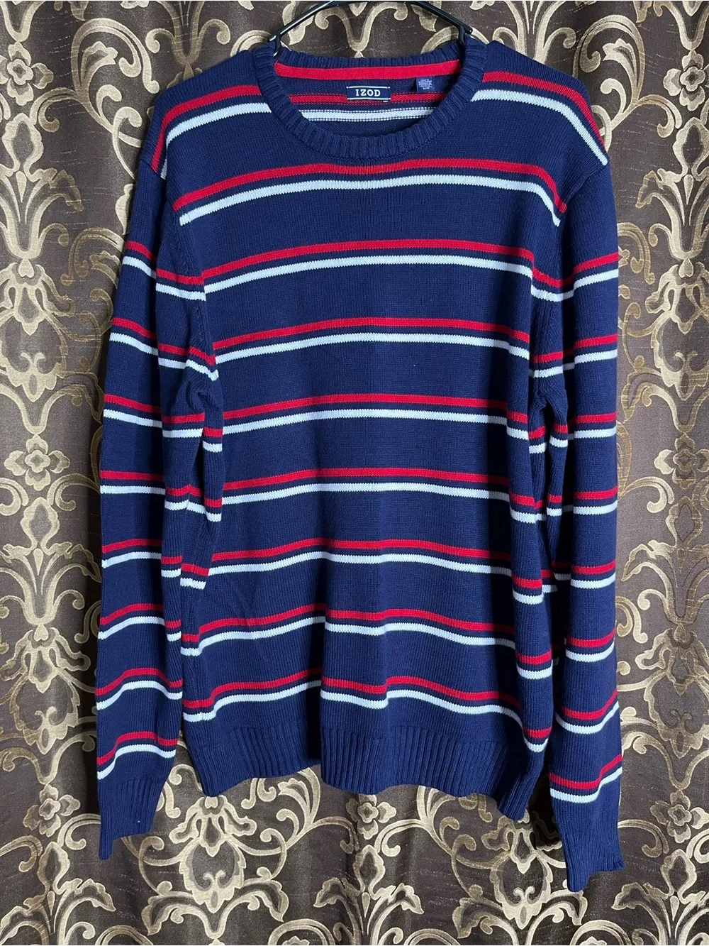 Men's IZOD Navy Striped Crewneck Sweater - Blue / Red / White